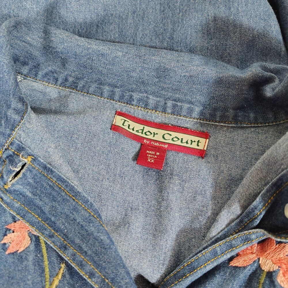 Vintage Embroidered Denim Shirt Jacket Womens 2X Floral Button Front Boho Folk - Picture 8 of 12